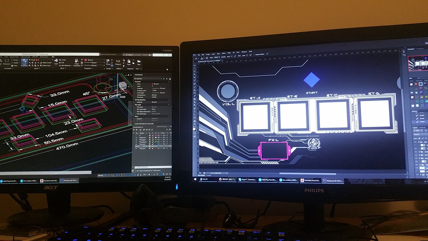 The panel layout in CAD beside the artwork in Photoshop